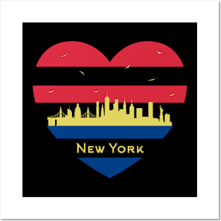 NYC City Skyline cityscape Heart Shape Bird Flying New York Posters and Art